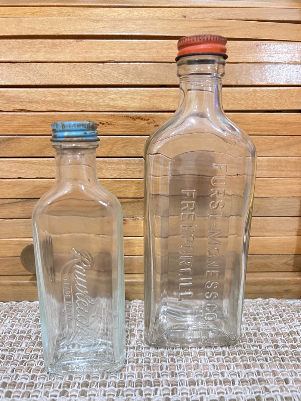 Vintage Rustic Clear Glass Bottle Set with Colored Caps 7-9”